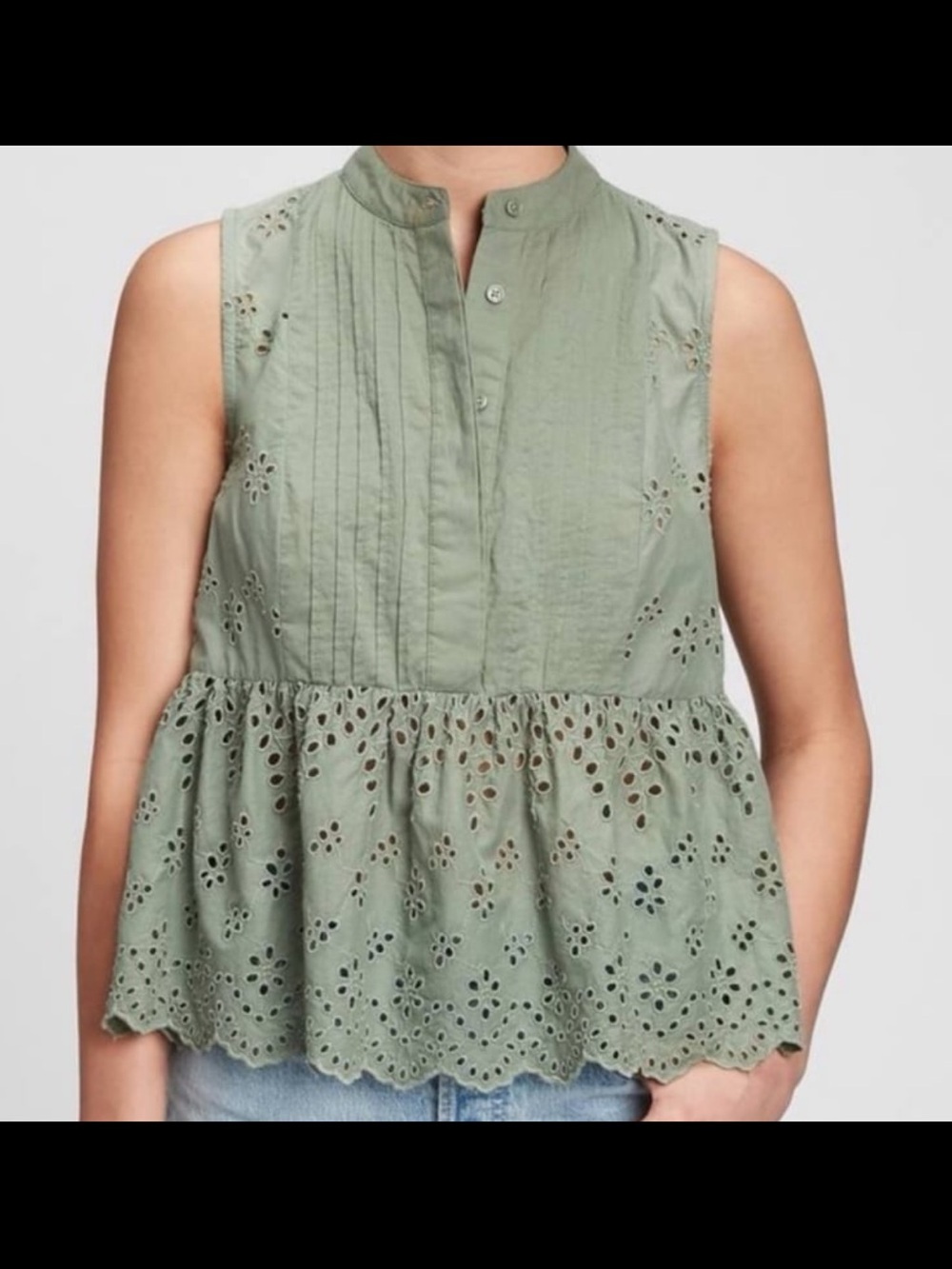 Gap Pleated Eyelet Ruffle Blouse XL Khaki Green Button Up Sleeveless Boho - Picture 1 of 8